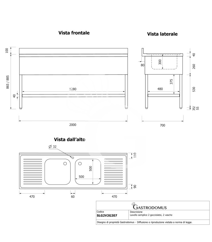 Lavello semplice con alzatina, 1 ripiano, 2 vasche, 2 gocciolatoi, L 2000 x P 700 x H 950 mm - con foro rubinetto Ø 32 mm