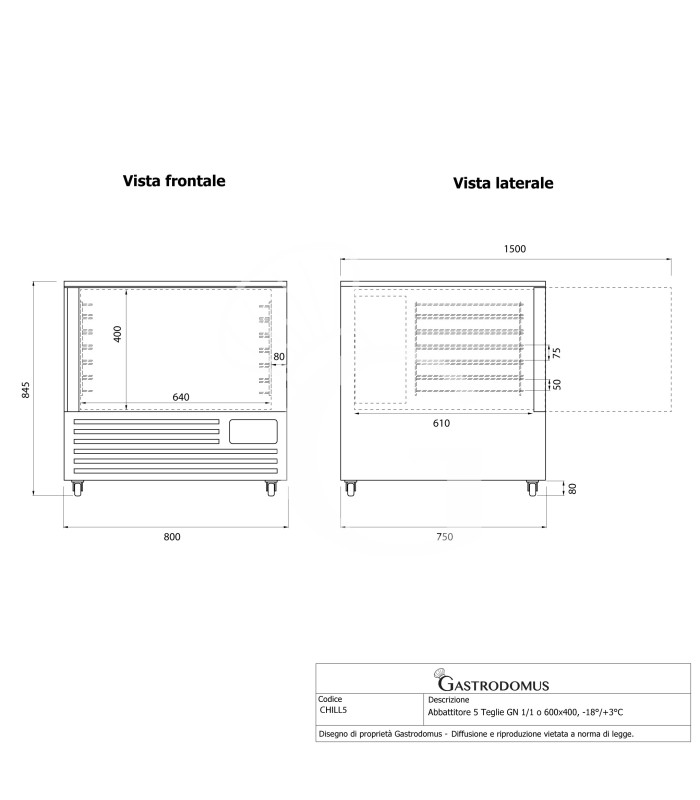 Abbattitore di temperatura professionale 5 Teglie GN 1/1 o 600x400, -18°/+3°C