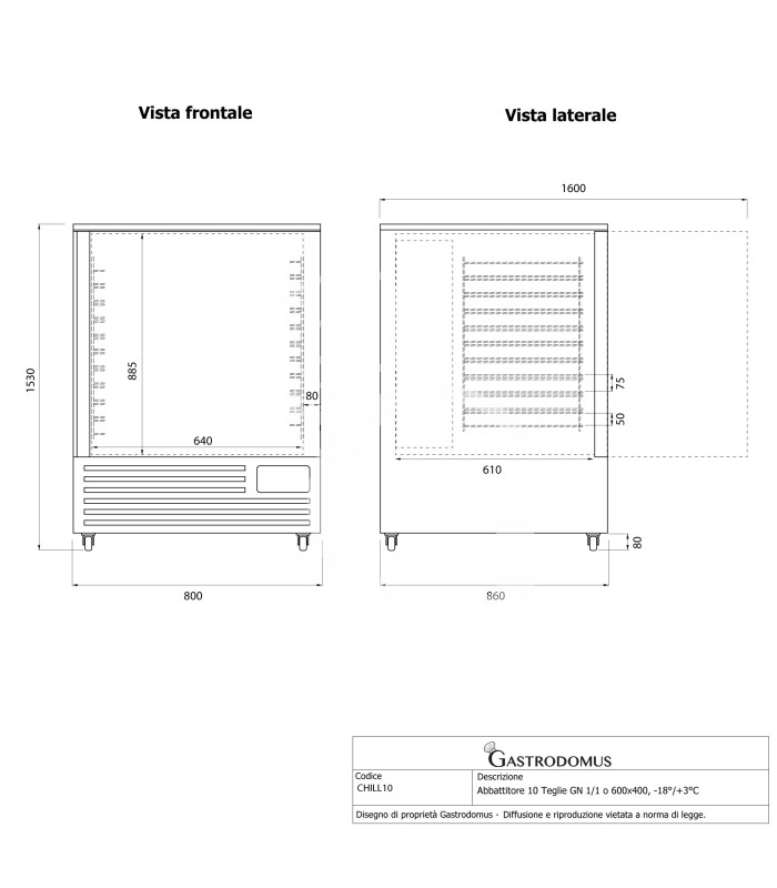 Abbattitore di temperatura professionale 10 Teglie GN 1/1 o 600x400, -18°/+3°C
