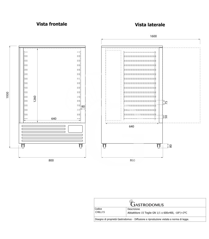 Abbattitore di temperatura professionale 15 Teglie GN 1/1 o 600x400, -18°/+3°C