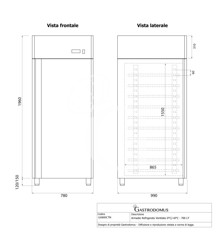 Armadio Refrigerato Ventilato 0°C/+8°C - 700 LT per teglie 60x40/60x80