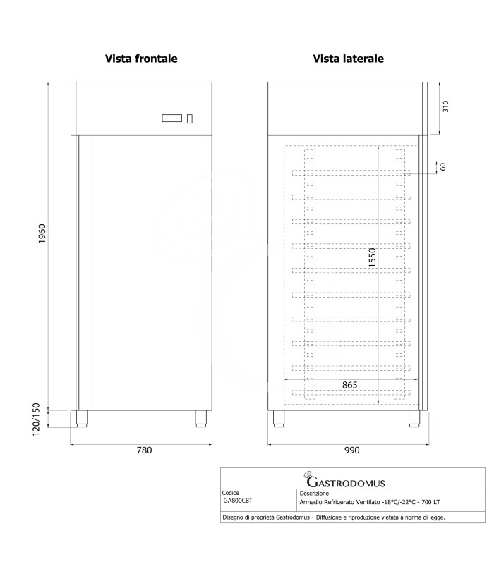 Armadio congelatore Ventilato -18°C/-22°C - 700 LT per teglie 60x40/60x80