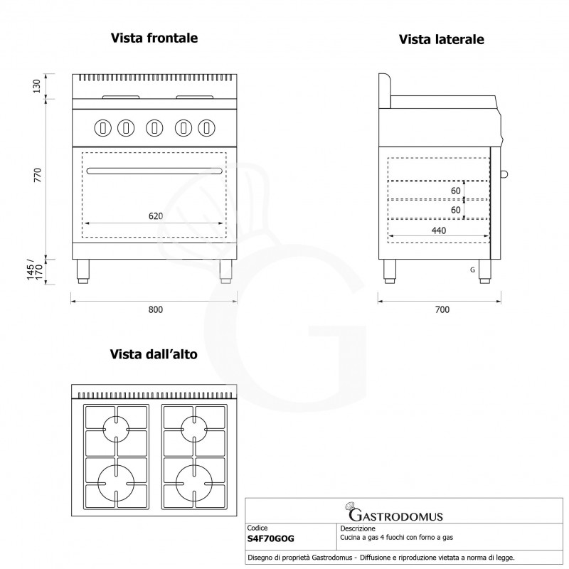 Cucina professionale a gas 4 fuochi forno a gas statico profondità 700 mm - L 800 mm - SECONDA SCELTA