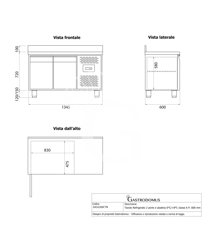 Tavolo Refrigerato 2 porte con alzatina 0°C/+8°C classe energetica A Profondità 600 mm
