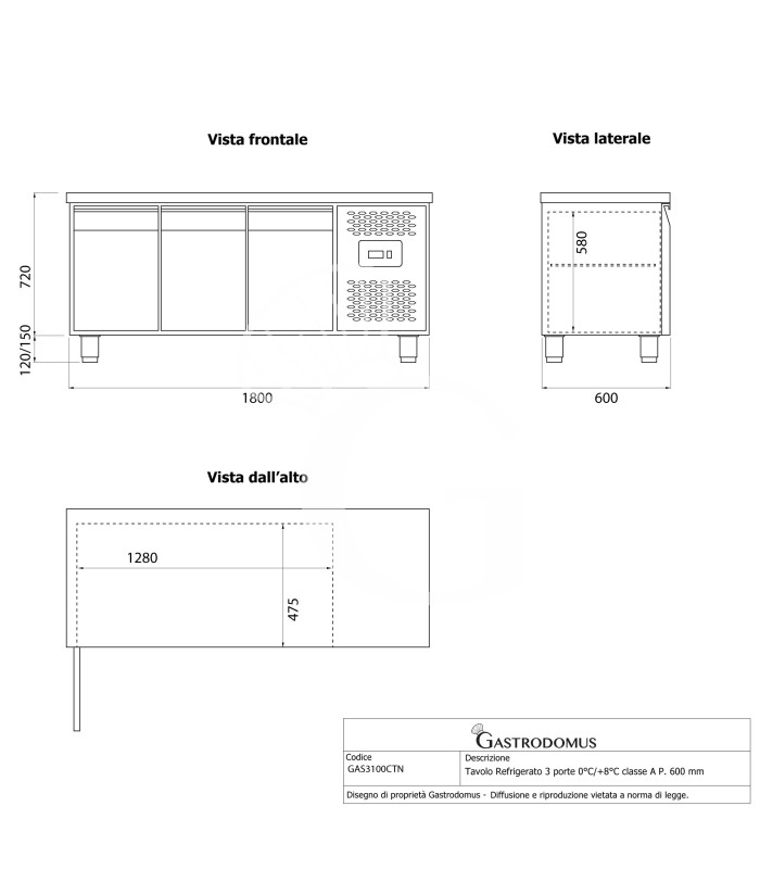 Tavolo Refrigerato 3 porte 0°C/+8°C classe energetica A Profondità 600 mm