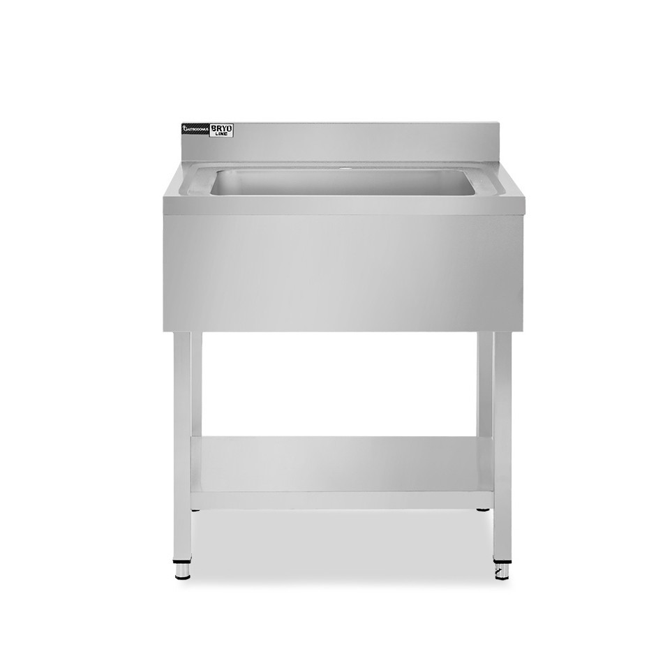 Lavandino semplice in acciaio inox, 1 ripiano, alzatina, 1 vasca, L 800 x P 700 x H 965 mm - con foro rubinetto Ø 32 mm
