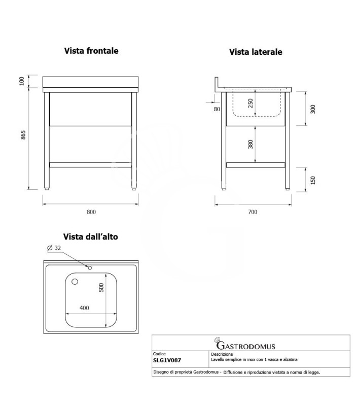Lavandino semplice in acciaio inox, 1 ripiano, alzatina, 1 vasca, L 800 x P 700 x H 965 mm - con foro rubinetto Ø 32 mm