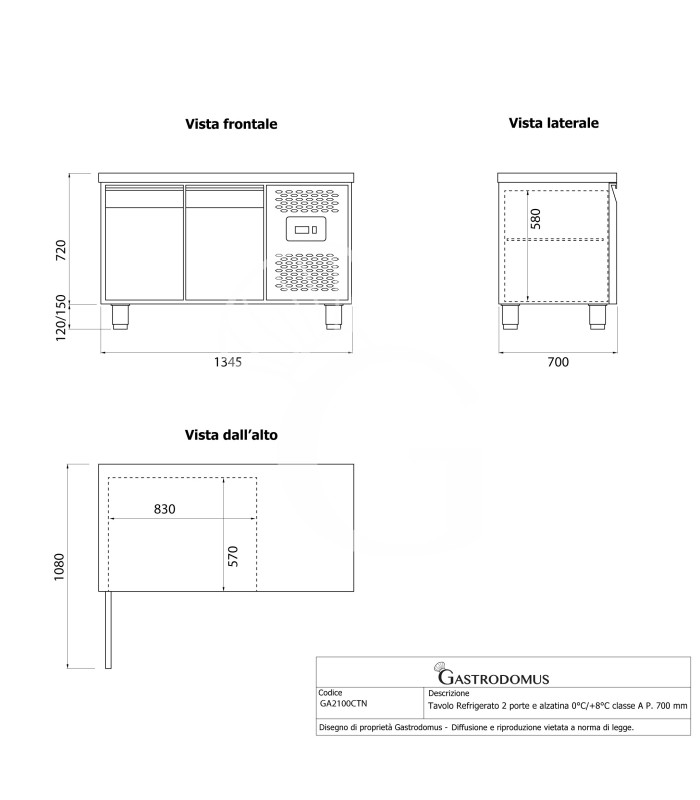 Tavolo Refrigerato 2 porte 0°C/+8°C classe energetica A Profondità 700 mm