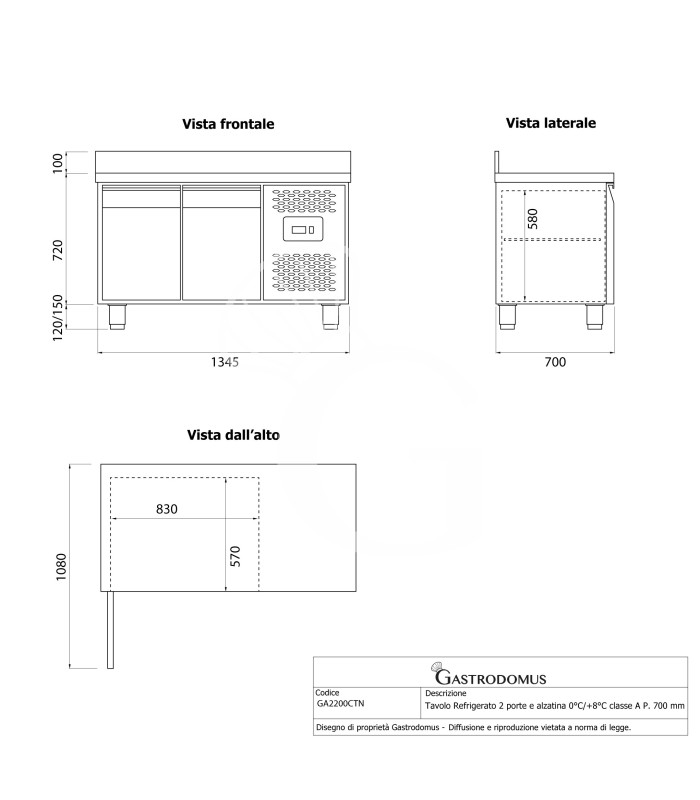Tavolo Refrigerato 2 porte con alzatina 0°C/+8°C classe energetica A Profondità 700 mm