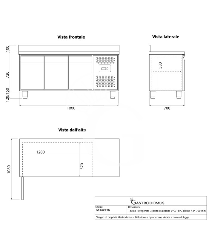 Tavolo Refrigerato 3 porte con alzatina 0°C/+8°C classe energetica A Profondità 700 mm