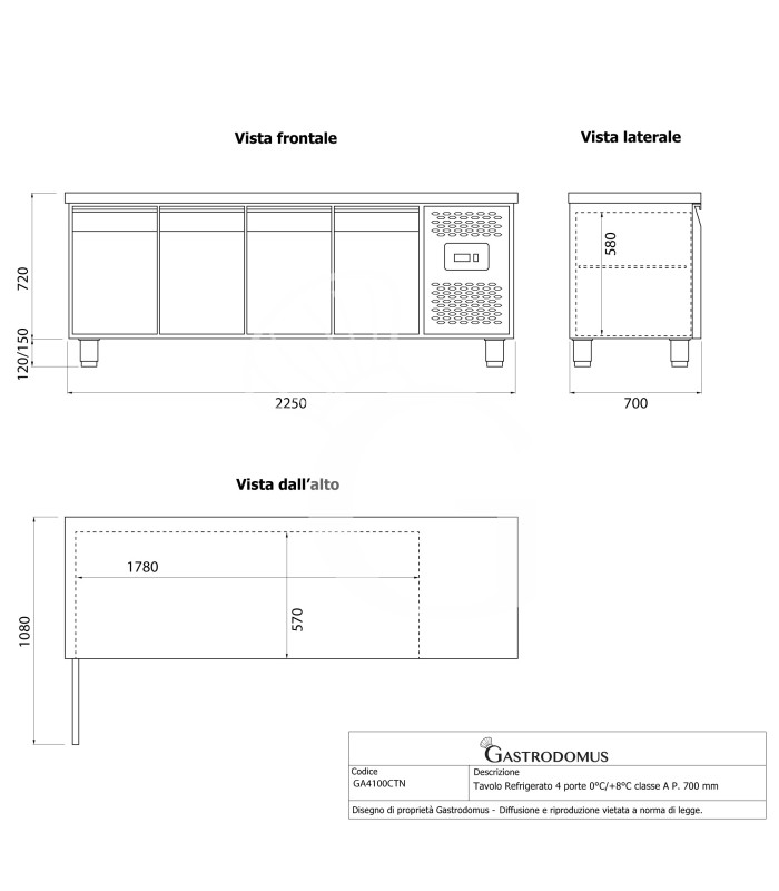 Tavolo Refrigerato 4 porte 0°C/+8°C classe energetica A Profondità 700 mm