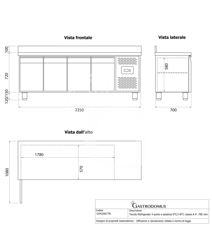 Tavolo Refrigerato 4 porte con alzatina 0°C/+8°C classe energetica A Profondità 700 mm