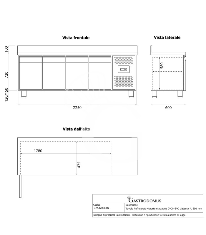 Tavolo Refrigerato 4 porte con alzatina 0°C/+8°C classe energetica A Profondità 600 mm