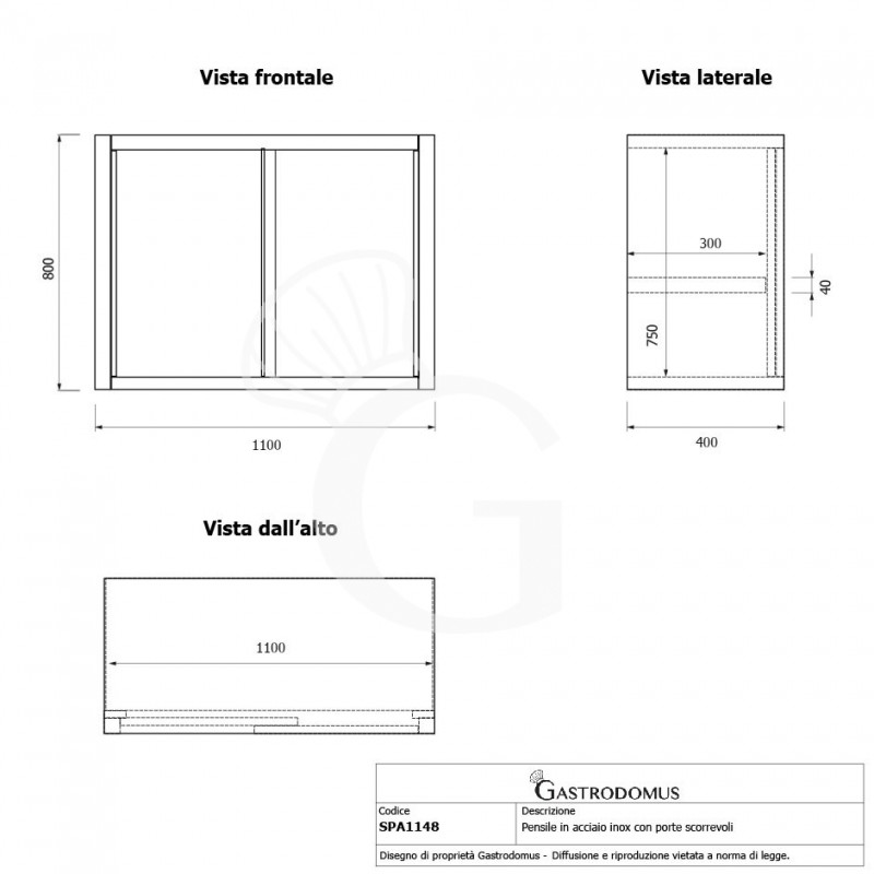 Pensile acciaio inox con porte scorrevoli, 1 ripiano, L 1100 x P 400 x H 800 mm