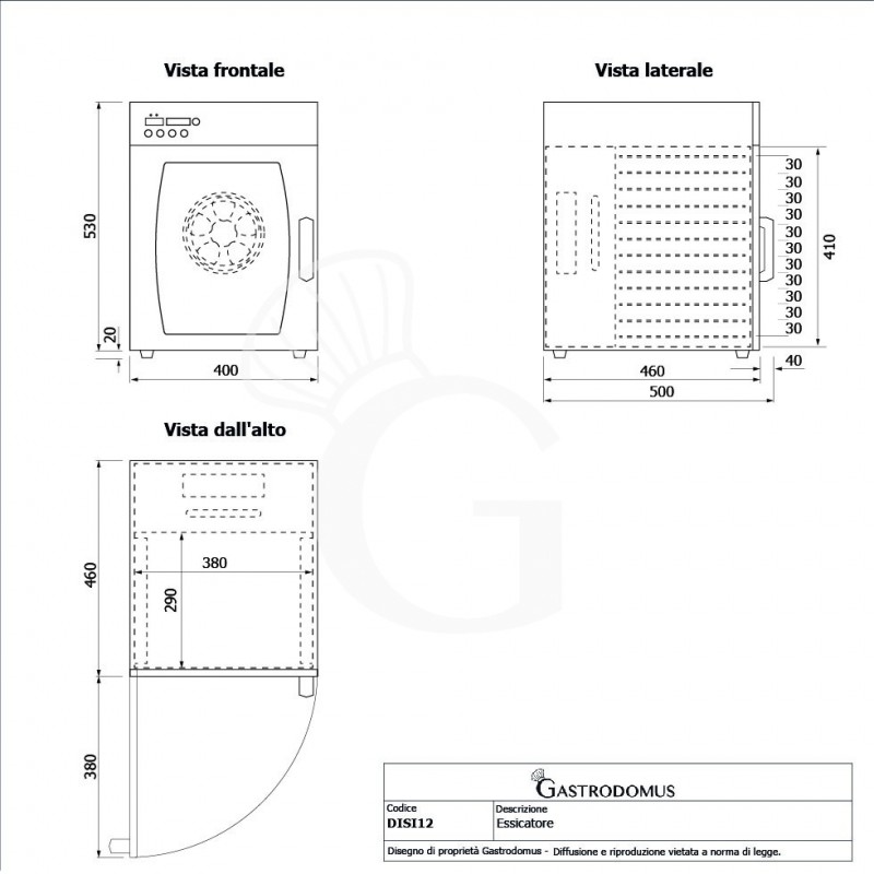 Essiccatore 1000 W L 400 mm x P 460 mmx H 535 mm display digitale e 12 griglie - Vista frontale e laterale
