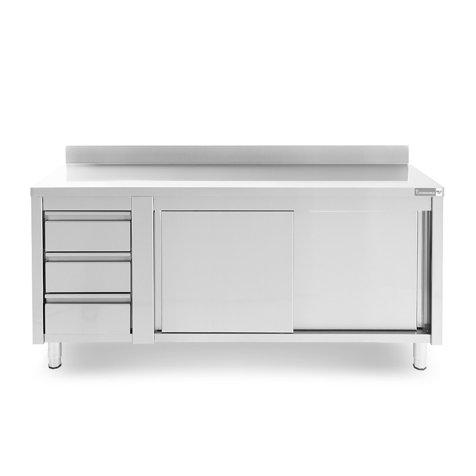Tavolo armadiato, porte scorrevoli,3 cassetti a sinistra, alzatina, L2000 x P600 x H950mm - SECONDA SCELTA