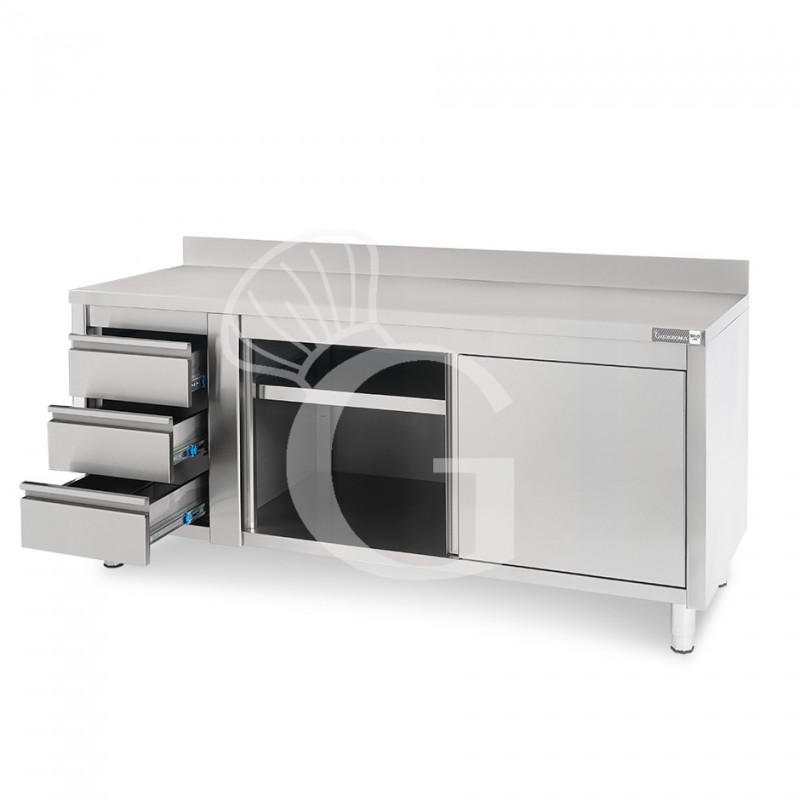 Tavolo armadiato, porte scorrevoli,3 cassetti a sinistra, alzatina, L2000 x P600 x H950mm - SECONDA SCELTA