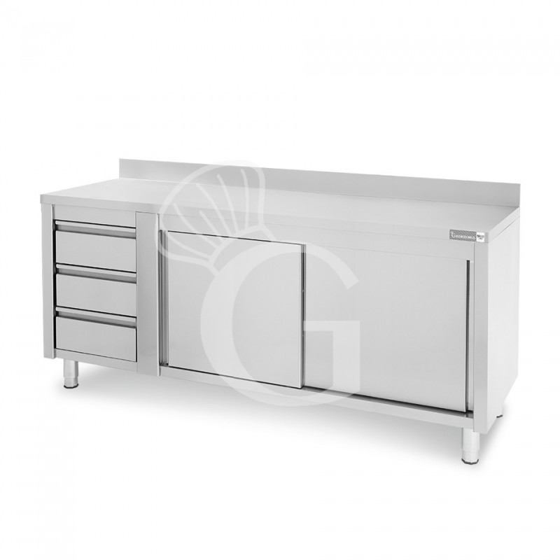 Tavolo armadiato, porte scorrevoli,3 cassetti a sinistra, alzatina, L2000 x P600 x H950mm - SECONDA SCELTA