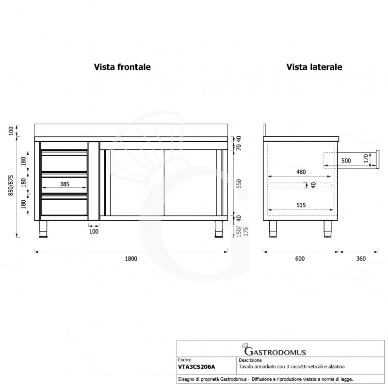 Tavolo armadiato, porte scorrevoli,3 cassetti a sinistra, alzatina, L2000 x P600 x H950mm - SECONDA SCELTA