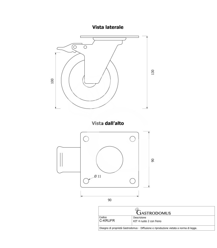 Kit 4 ruote di cui 2 con freno per armadi e tavoli refrigerati
