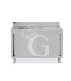 Lavello armadiato con porte scorrevoli,1 vasca,gocciolatoio a destra,alzatina,L1500xP700xH965mm - con foro rubinetto Ø 32 mm