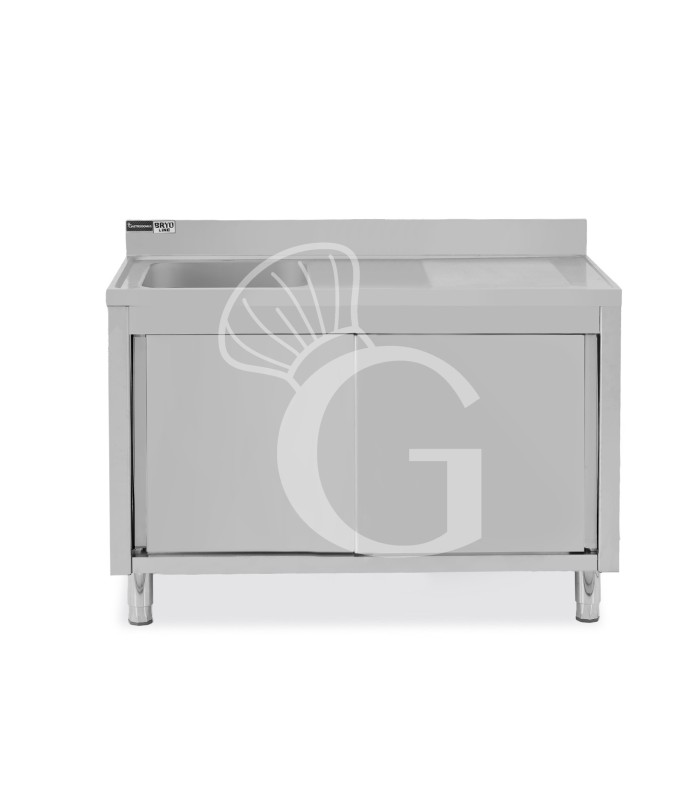 Lavello armadiato con porte scorrevoli,1 vasca,gocciolatoio a destra,alzatina,L1500xP700xH965mm - con foro rubinetto Ø 32 mm