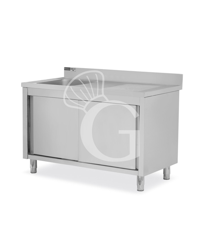 Lavello armadiato con porte scorrevoli,1 vasca,gocciolatoio a destra,alzatina,L1500xP700xH965mm - con foro rubinetto Ø 32 mm