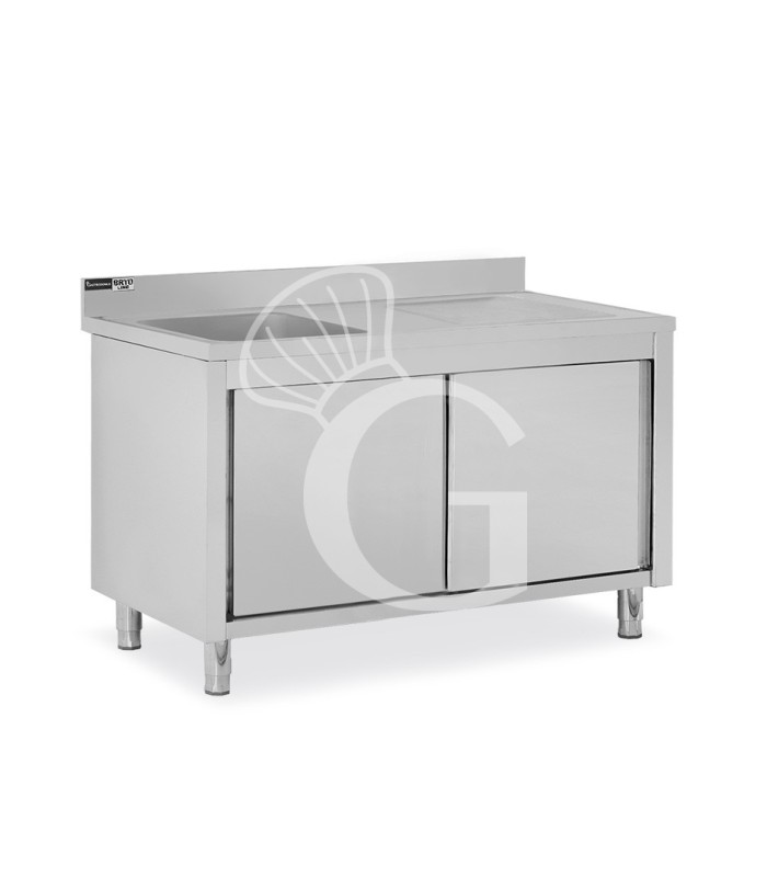 Lavello armadiato con porte scorrevoli,1 vasca,gocciolatoio a destra,alzatina,L1500xP700xH965mm - con foro rubinetto Ø 32 mm