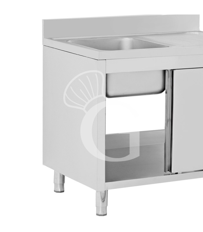 Lavello armadiato con porte scorrevoli,1 vasca,gocciolatoio a destra,alzatina,L1500xP700xH965mm - con foro rubinetto Ø 32 mm