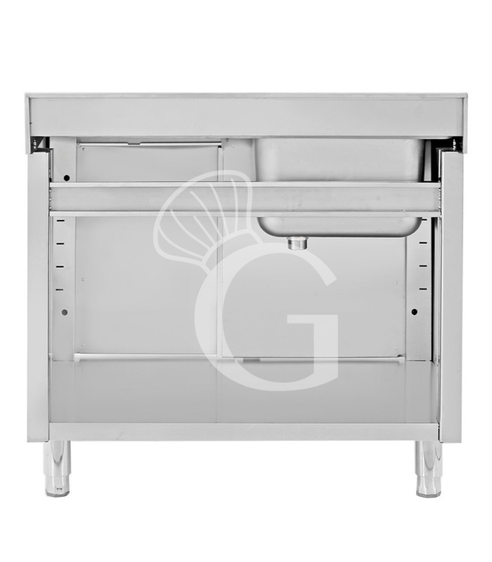 Lavello armadiato con porte scorrevoli,1 vasca,gocciolatoio a destra,alzatina,L1500xP700xH965mm - con foro rubinetto Ø 32 mm
