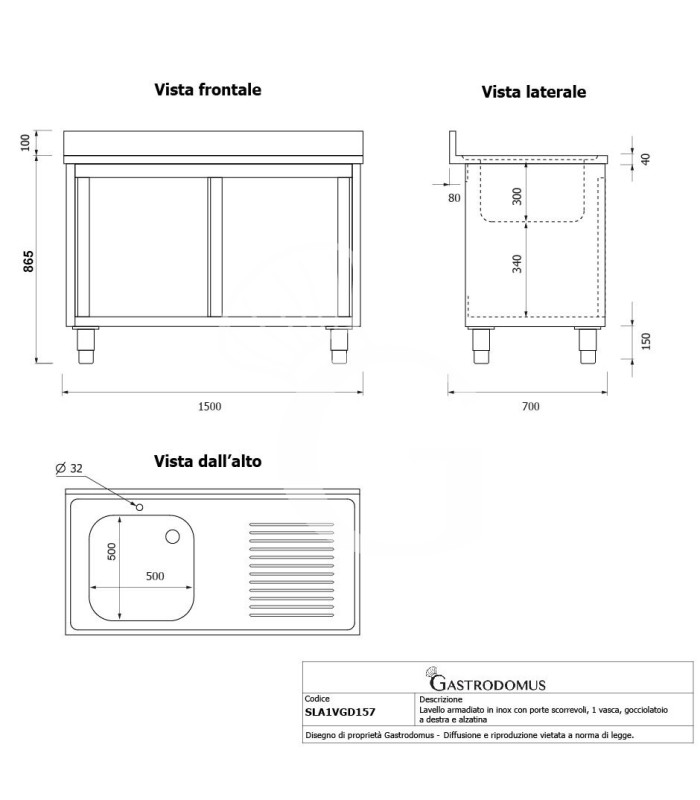 Lavello armadiato con porte scorrevoli,1 vasca,gocciolatoio a destra,alzatina,L1500xP700xH965mm - con foro rubinetto Ø 32 mm