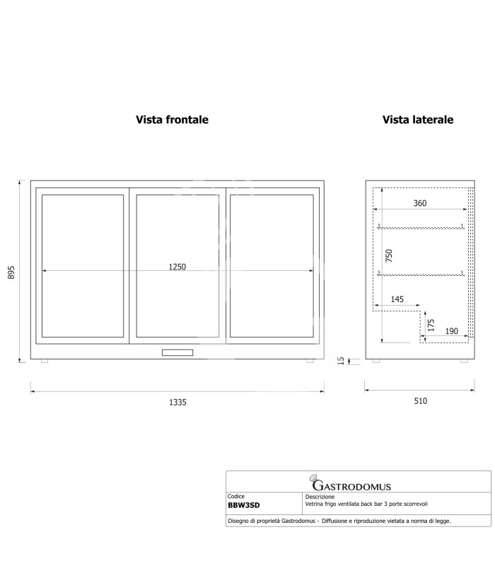 Vetrina frigo ventilata da banco o retrobanco orizzontale 3 porte scorrevoli 303 LT - temperatura 2°C/+10°C
