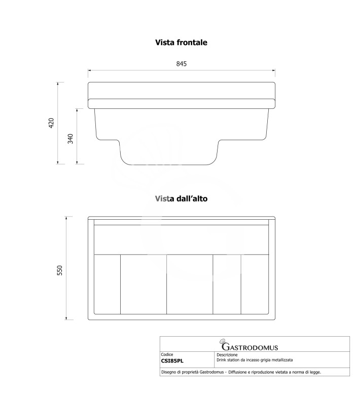 Drink station da incasso grigia metallizzata L 845 mm x P 550 mm x H 420 mm