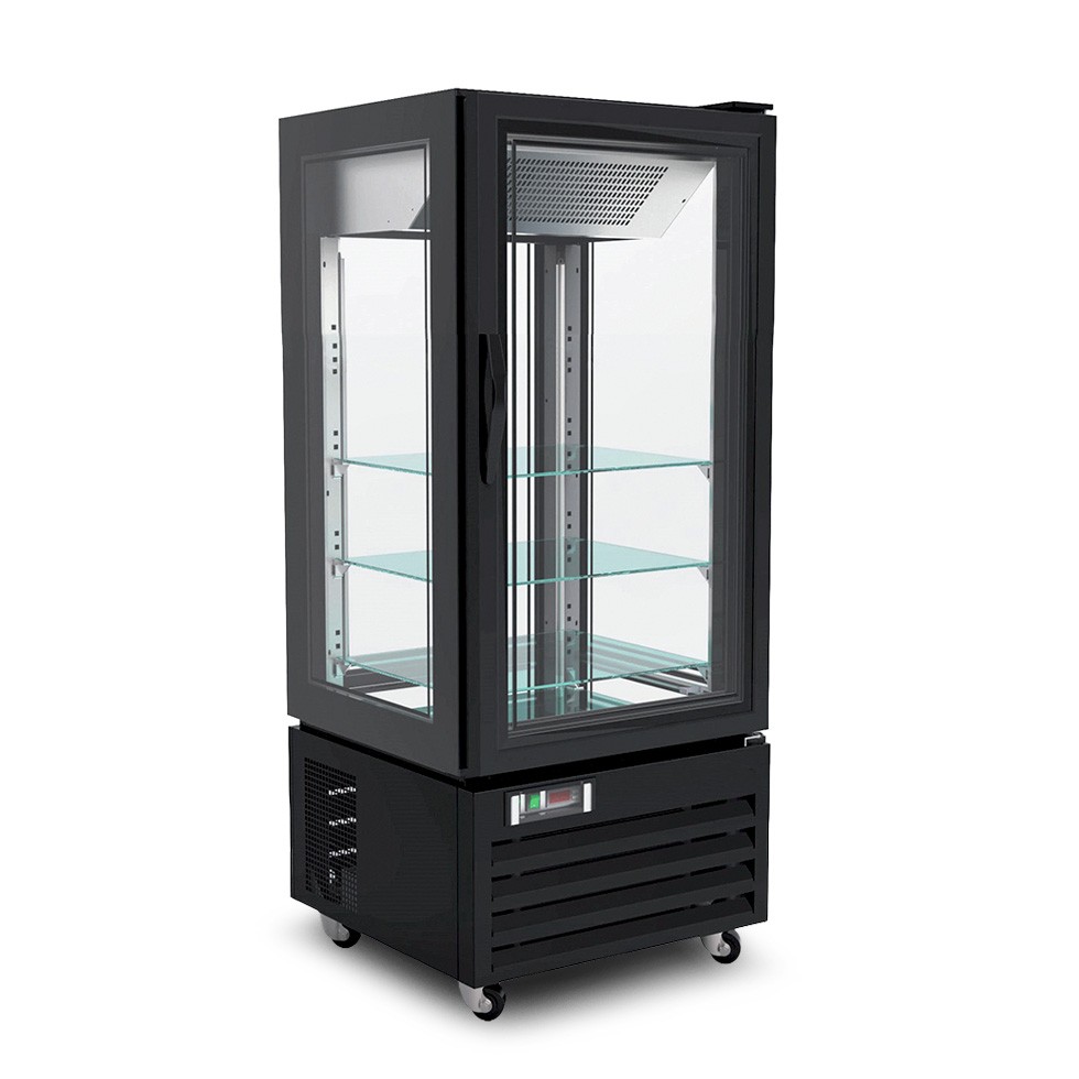 Espositore negativo ventilato, 4 lati vetro, finitura color nero, 280 LT, temperatura -18°C / -22°C classe energetica D