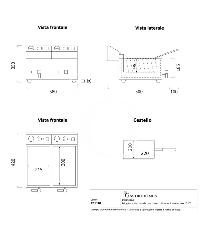 Friggitrice elettrica da banco con rubinetto 2 vasche 10+10 LT potenza 3+3 KW Monofase