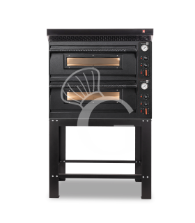 Forno pizza elettrico meccanico 4 + 4 pizze Ø 350 mm - 12 Kw con design nero, cappa nera e supporto