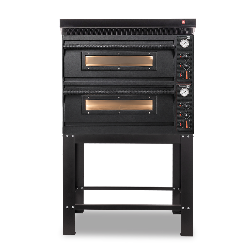 Forno pizza elettrico meccanico 4 + 4 pizze Ø 350 mm - 12 Kw con design nero, cappa nera e supporto