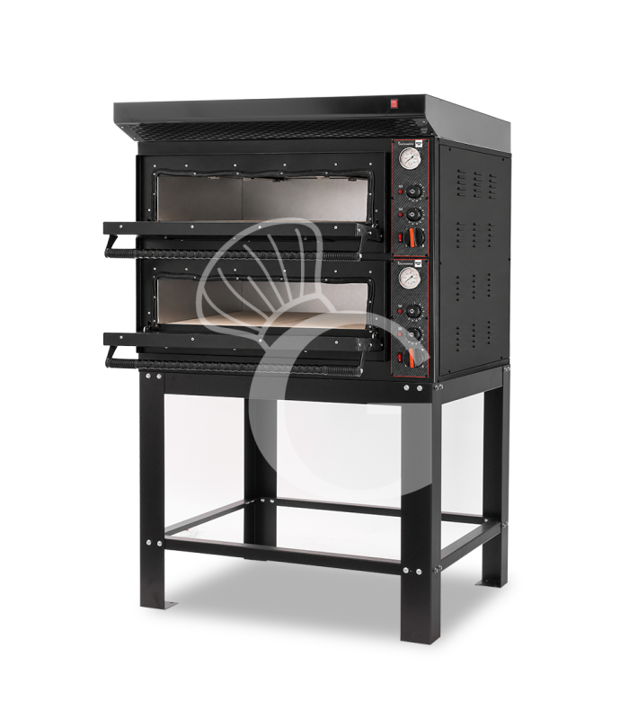 Forno pizza elettrico meccanico 4 + 4 pizze Ø 350 mm - 12 Kw con design nero, cappa nera e supporto