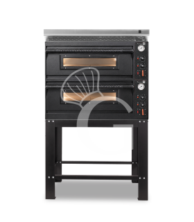 Forno pizza elettrico meccanico 4 + 4 pizze Ø 350 mm - 12 Kw con design nero, cappa inox e supporto
