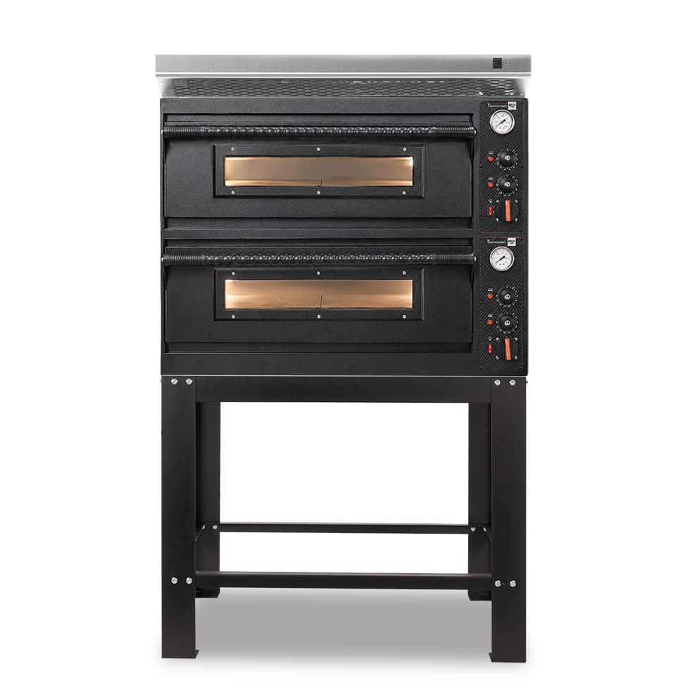 Forno pizza elettrico meccanico 4 + 4 pizze Ø 350 mm - 12 Kw con design nero, cappa inox e supporto