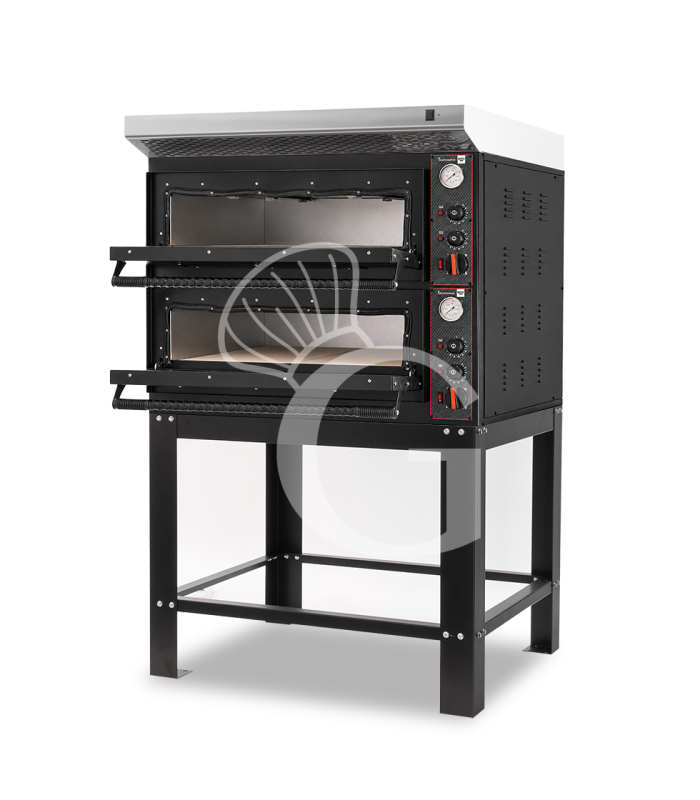 Forno pizza elettrico meccanico 4 + 4 pizze Ø 350 mm - 12 Kw con design nero, cappa inox e supporto