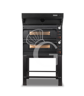 Forno pizza elettrico meccanico 4 + 4 pizze Ø 350 mm - 12 Kw con design nero, cappa a condensazione nera e supporto