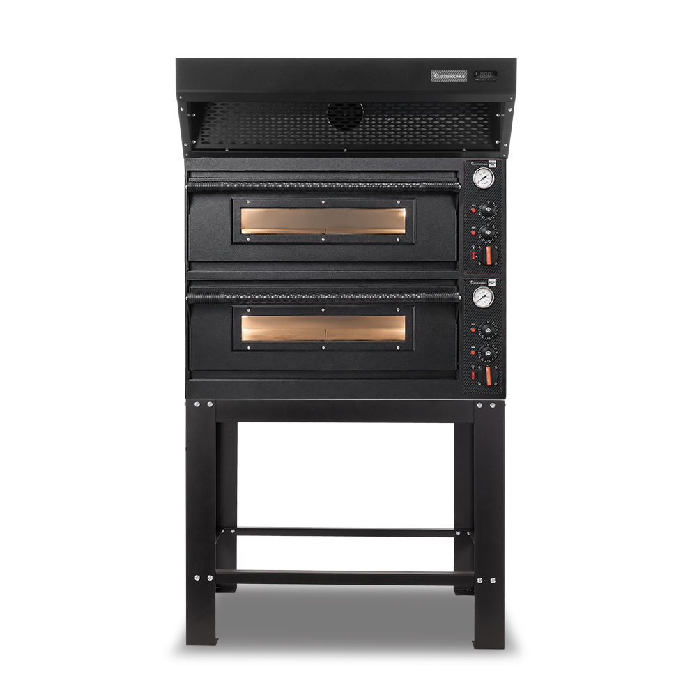 Forno pizza elettrico meccanico 4 + 4 pizze Ø 350 mm - 12 Kw con design nero, cappa a condensazione nera e supporto