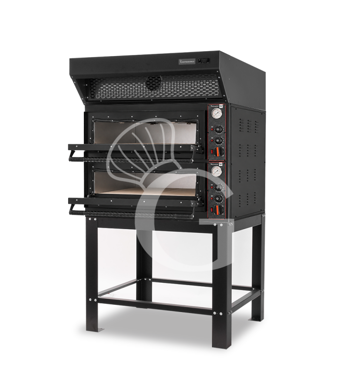 Forno pizza elettrico meccanico 4 + 4 pizze Ø 350 mm - 12 Kw con design nero, cappa a condensazione nera e supporto