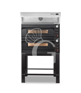 Forno pizza elettrico meccanico 4 + 4 pizze Ø 350 mm - 12 Kw con design nero, cappa a condensazione inox e supporto
