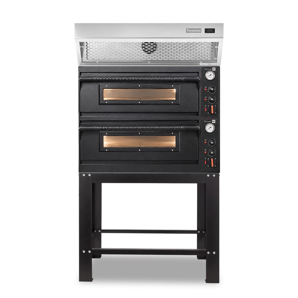 Forno pizza elettrico meccanico 4 + 4 pizze Ø 350 mm - 12 Kw con design nero, cappa a condensazione inox e supporto