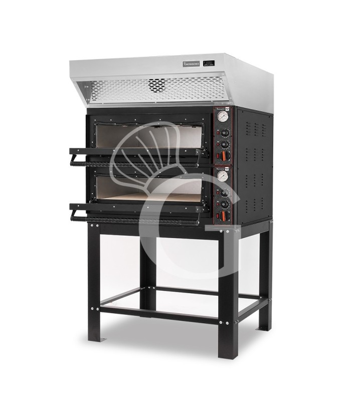Forno pizza elettrico meccanico 4 + 4 pizze Ø 350 mm - 12 Kw con design nero, cappa a condensazione inox e supporto