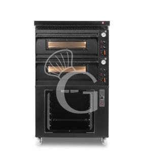 Forno pizza elettrico meccanico 4 + 4 pizze Ø 350 mm - 12 Kw con design nero, cappa nera e cella di lievitazione nera