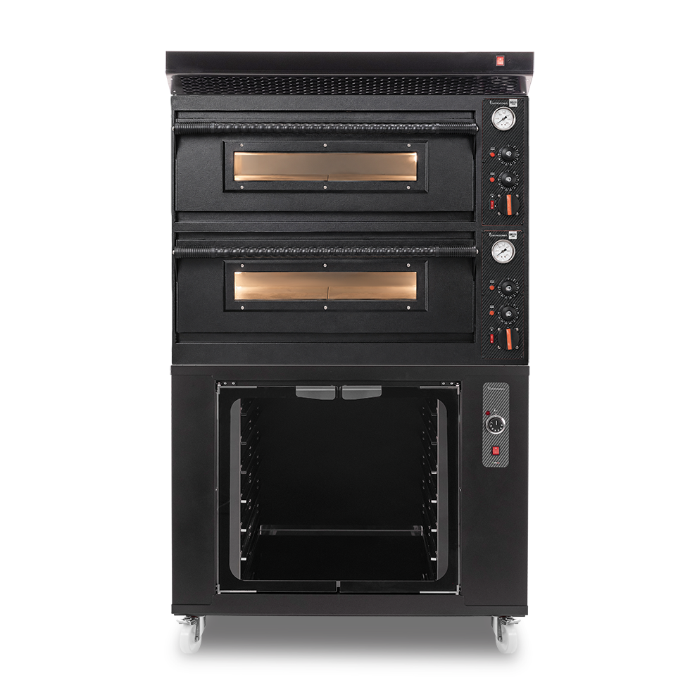 Forno pizza elettrico meccanico 4 + 4 pizze Ø 350 mm - 12 Kw con design nero, cappa nera e cella di lievitazione nera