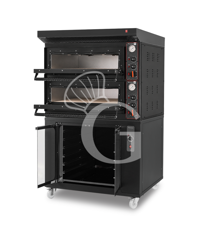 Forno pizza elettrico meccanico 4 + 4 pizze Ø 350 mm - 12 Kw con design nero, cappa nera e cella di lievitazione nera